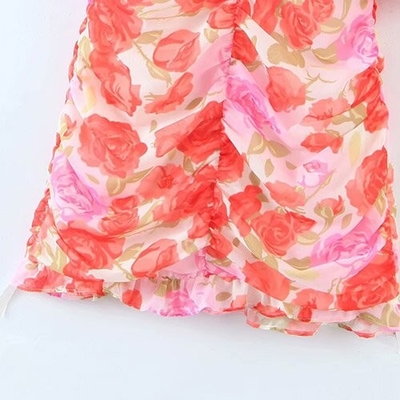 OEM maufactory  Oil Painting Rose Printed Pleated V Neck Polyester Short Sleeve Dress